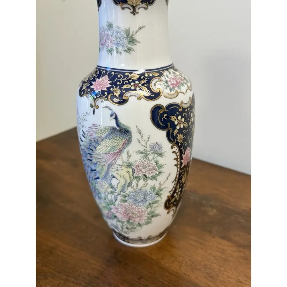 Vintage Japan Porcelain Peacock Floral Vase Cobalt Blue Gold Gilt 10.625